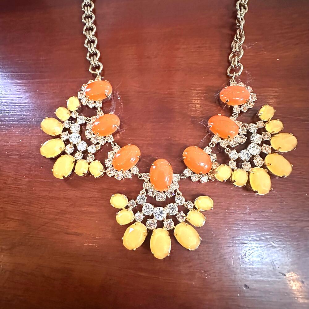 J Crew Statement Necklace 19" - 22" Long Orange Gold Yellow CZ Cabachon Jewelry